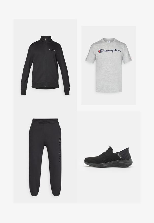 Chaqueta negra con cremallera y cuello alto con el logo blanco de Champion en el pecho y un pequeño logo en el puño de la manga izquierda.; Camiseta de algodón de color gris claro con un logotipo de "Champion" en azul marino en el pecho y un pequeño logotipo en la manga. Diseño clásico de cuello redondo.; Pantalones deportivos negros con cintura elástica y puños elásticos. Presentan un ligero brillo y un logo texturizado en la pierna izquierda.; Zapatos negros de tipo slip-on con parte superior de malla transpirable, diseño texturizado, suela flexible y plantilla suave y acolchada.