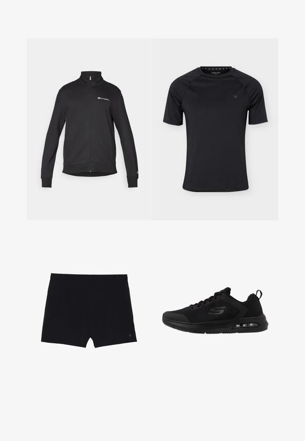 Schwarze Zip-Up-Jacke mit hohem Kragen, weißem Champion-Logo auf der Brust und kleinem Logo am linken Ärmelbündchen.; Schwarzes kurzärmeliges Sport-T-Shirt mit Rundhalsausschnitt und kleinem Logo auf der linken Brust, dargestellt auf einfachem hellem Hintergrund.; Schwarze Sportshorts mit glatter Textur, elastischem Bund und zwei Seitentaschen. Mit einem kleinen Logo auf der unteren rechten Seite.; Schwarze Sportschuhe mit einem atmungsaktiven Mesh-Obermaterial, strukturierten Akzenten, dämpfender Zwischensohle und einer sichtbaren Luftblase in der Sohle für zusätzlichen Komfort.