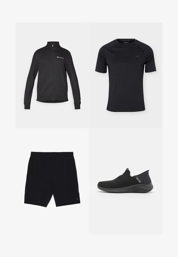 Veste noire zippée avec col montant, logo blanc Champion sur la poitrine et petit logo sur le bas de la manche gauche.; T-shirt de sport noir à manches courtes avec col rond et petit logo sur la poitrine gauche, présenté sur un fond clair uni.; Shorts noirs en tissu léger, avec une taille élastique, deux poches latérales et un petit logo en bas à droite.; Chaussures noires à enfiler avec une tige en maille respirante, un design texturé, une semelle flexible et une semelle intérieure lisse et rembourrée.