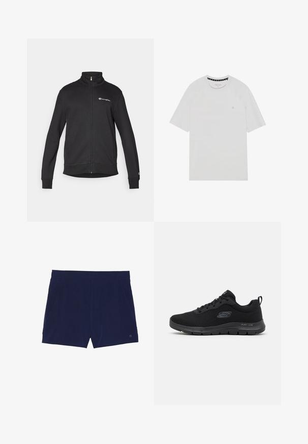 Veste noire zippée avec col montant, logo blanc Champion sur la poitrine et petit logo sur le bas de la manche gauche.; T-shirt blanc à manches courtes avec col rond, présentant des manches raglan, un logo subtil sur la poitrine et des finitions contrastées au niveau du col.; Shorts de bain bleu marine en tissu léger, dotés d'une taille élastique et de deux poches latérales pour le rangement.; Chaussure de sport noire avec un dessus en mesh, bout rond, design à lacets et semelle texturée. Présente un logo sur le côté et une languette à l'arrière.
