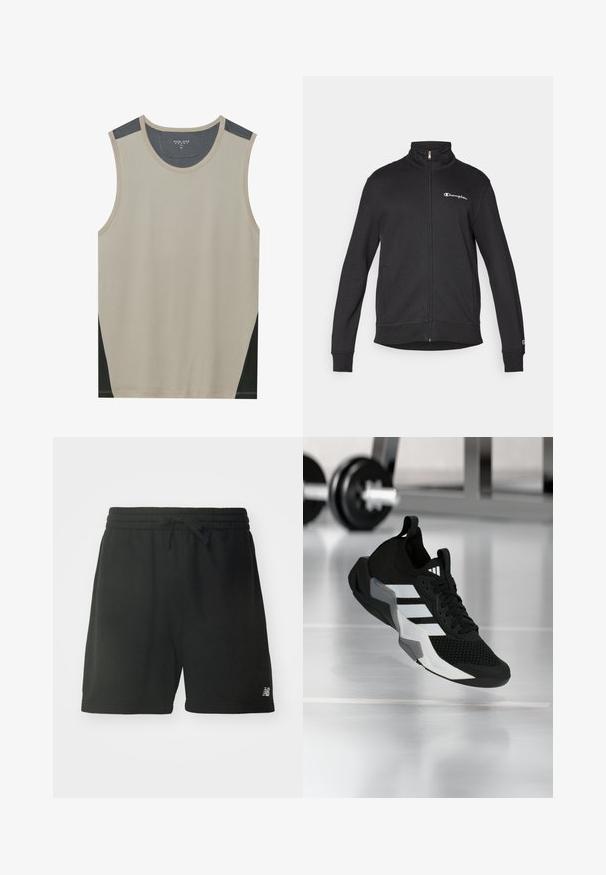 Sort lynlåstrøje med høj krave med hvid Champion-logo på brystet og lille logo på venstre ærmekant.; Beige ærmeløs tanktop med mørkegrå skulderdetaljer og sorte sidelapper. Glat tekstur med en rund halsudskæring.; Sorte bomulds sportsbukser med elastisk talje, justerbar snøre og logo detajle på nederste venstre ben. Glat tekstur.; Sort atletiksko med en mesh-øverdel, hvide striber og grå accenter. Har polstret krave og gummisål. Velegnet til brug i fitnesscenter.