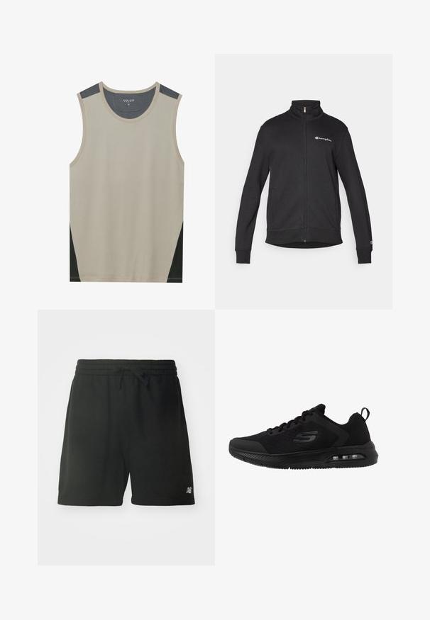 Must varrukatega jakk kõrge kraega, millel on valge Championi logo rinnal ja väike logo vasaku varruka mansetil.; Beige ilma varrukatega tank top tumehallide õlavarrekaunistustega ja mustade külgpaneelidega. Sile tekstuur ümmarguse kaelusega.; Mustadest puuvillast spordilühikesed püksid, millel on elastne vöökoht, reguleeritav nöör ja logo detail vasakul jalal. Sile tekstuur.; Mustad mustejalatsid, millel on hingav võrkkate, tekstuuriga detailid, pehmendatud vaheking ja nähtav õhuüksus taldades mugavuse tagamiseks.