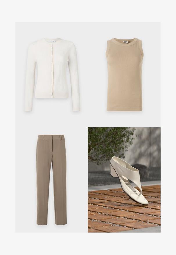 Hvid ribbet cardigan med lange ærmer, rund halsudskæring og knapper foran. Har et lille logo på brystet. Blød tekstur.; Beige ærmeløs top lavet af ribbet stof med rund hals, der har tonale stikninger og en tætsiddende design.; Klassiske kaki bukser med lige ben, bæltestropper og lynlås foran på hvid baggrund.; Hvid læderhæl sandal med bred rem og tåpost, vist udendørs på en overflade med træ og grusfliser med grønt i baggrunden.