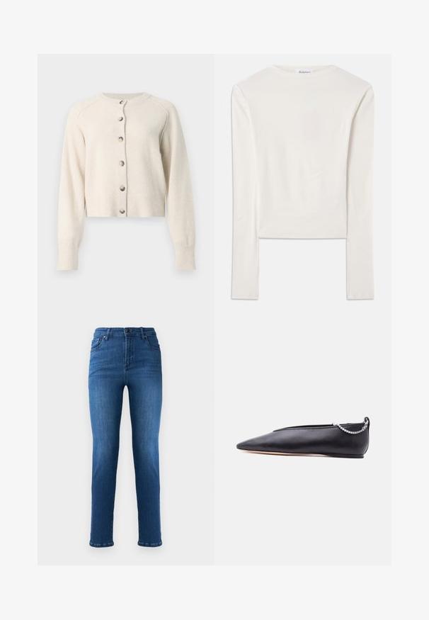 Cárdigan de manga larga color crema con cuello redondo y seis botones plateados en la parte delantera, hecho de tejido de punto suave.; Camiseta blanca de manga larga hecha de algodón, con un sencillo cuello redondo y un ajuste ceñido. La tela es suave con un ligero estiramiento.; Vaqueros de mezclilla azul con corte recto, que cuentan con una bragueta de botón y cremallera, bolsillos delanteros y un ligero desgaste en los muslos.; Zapato plano de cuero negro con punta, tacón bajo y detalle de cadena plateada en la parte trasera sobre un fondo liso.