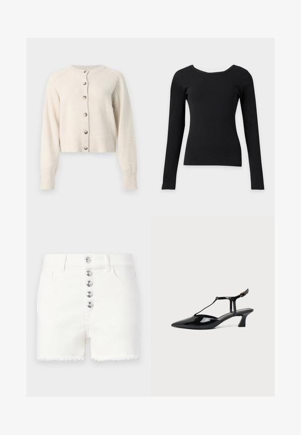 Cardigan à manches longues de couleur crème avec col rond et six boutons argentés sur le devant, en tissu maille doux.; Haut noir ajusté à manches longues avec un large col rond et une texture côtelée sur un fond clair uni.; Shorts en denim blanc avec cinq boutons argentés sur le devant et des ourlets effilochés, dotés de poches avant et de passants pour ceinture.; Chaussure slingback en cuir verni noir à bout pointu avec bride en T et petit talon bloc incliné sur fond blanc.