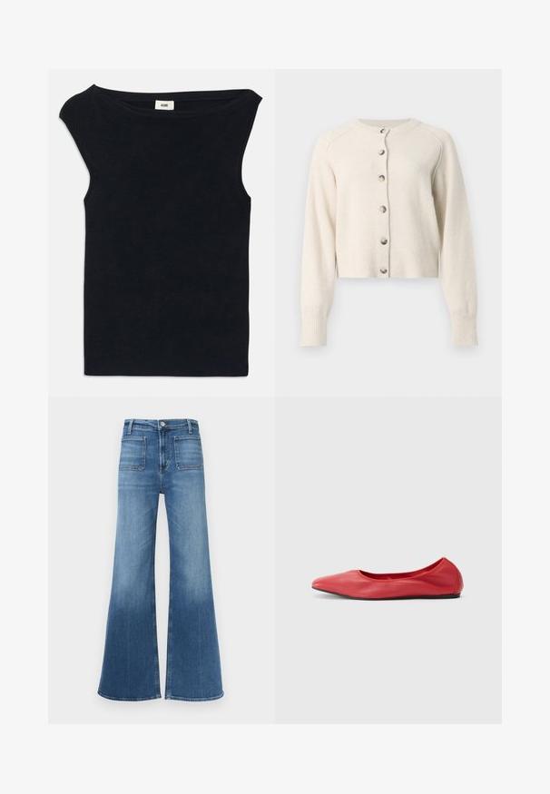 Cárdigan de manga larga color crema con cuello redondo y seis botones plateados en la parte delantera, hecho de tejido de punto suave.; Top negro sin mangas hecho de una tela suave, con un escote amplio y un corte ajustado. Textura suave con un acabado limpio en el dobladillo.; Jeans de mezclilla azul acampanados con una cintura de altura media, cinco bolsillos y un lavado desvanecido. Presenta presillas para cinturón y un cierre con un solo botón.; Filippa K REY FLATS - Bailarinas - bright red