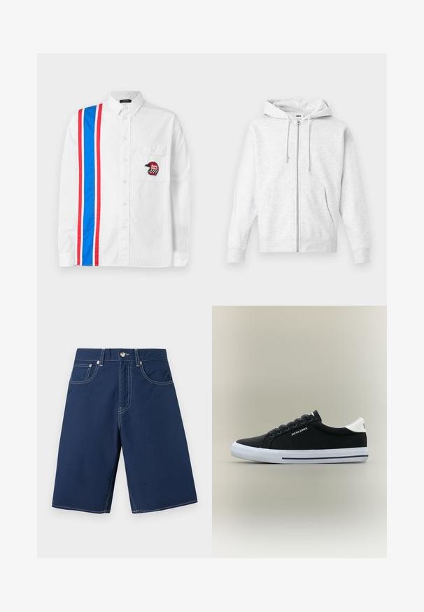 Helle graue Zip-Hoodie aus weichem Material. Verfügt über eine Kordelzugkapuze, zwei Fronttaschen und gerippte Bündchen, mit einem dezenten Logo auf der Brust.; Weißes Button-up-Hemd mit einem blau-roten Streifenmuster auf einer Seite und einem schwarzen bestickten Helm-Patch auf der Brusttasche.; Marineblaue knielange Shorts mit weißen Nähten, Vorderknopf, Reißverschluss, Gürtelschlaufen und drei Fronttaschen auf neutralem Hintergrund.; Schwarzer Sneaker mit niedrigem Schaft, weißer Sohle, weißem Fersenlasche, "JACK & JONES"-Logo an der Seite und schwarzen Schnürsenkeln vor neutralem Hintergrund.