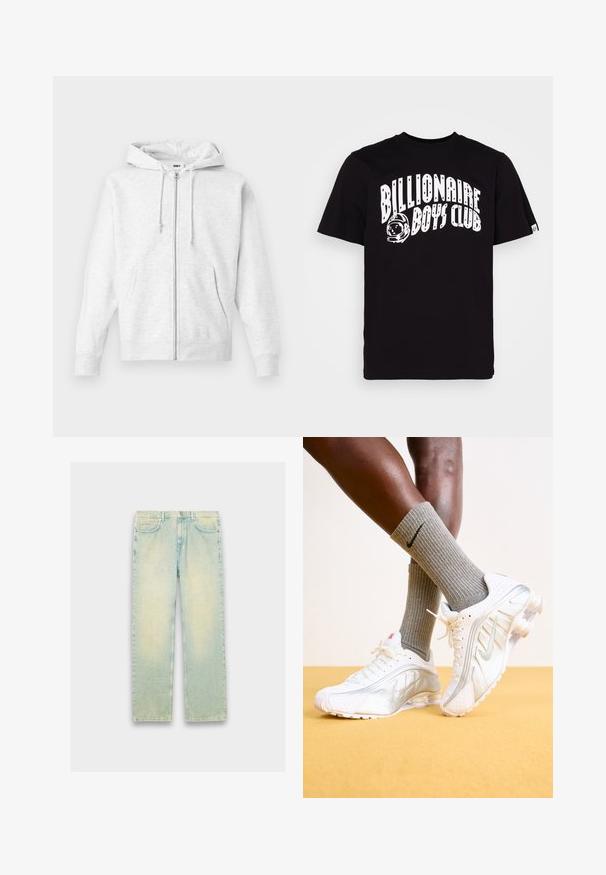 Lysegrå zip-up hoodie lavet af blødt stof. Har hætte med snoretræk, to frontlommer og ribbede manchetter, samt et diskret logo på brystet.; Billionaire Boys Club ARCH LOGO - T-shirts print - black; Lyseblå denimjeans med løs pasform, fem lommer, lynlås og en slidt finish langs lår og knæ.; Nike sneakers i hvid med sølv accenter, der har teksturerede paneler og perforeringer. Sammen med grå ribbede sokker, sat mod en gul baggrund.