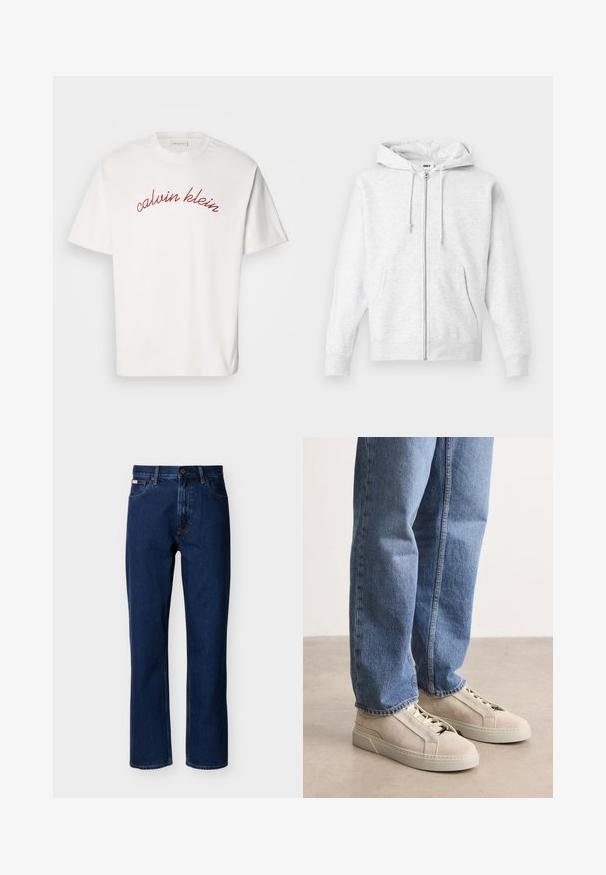 Helle graue Zip-Hoodie aus weichem Material. Verfügt über eine Kordelzugkapuze, zwei Fronttaschen und gerippte Bündchen, mit einem dezenten Logo auf der Brust.; Weißes Baumwoll-T-Shirt mit kurzen Ärmeln, das mit kurvenförmigem, rotem gesticktem Text "calvin klein" auf der Brust versehen ist. Klassisches Rundhals-Design.; Dunkelblaue, gerade geschnittene Jeans aus Denim, mit klassischem Fünf-Taschen-Design, dezenter Nahtführung und vorderer Knopfverschluss.; BOSS GARYTENN_SDHDEL - Sneaker low - natural ten