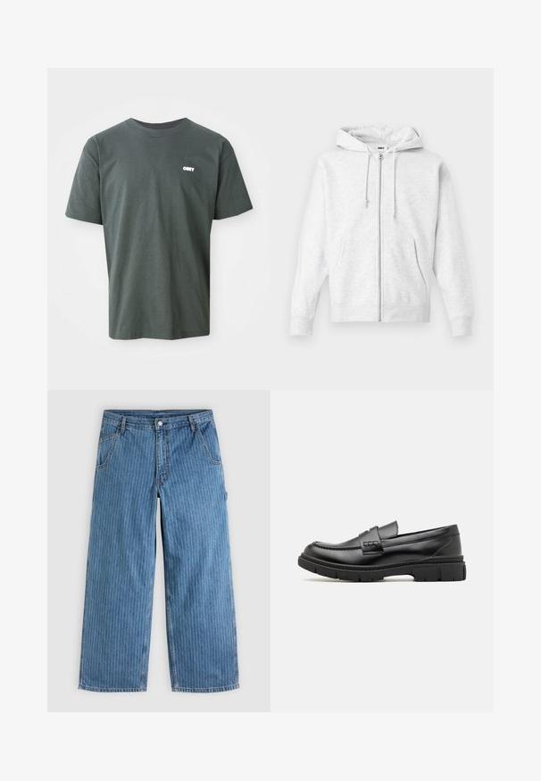 Lysegrå zip-up hoodie lavet af blødt stof. Har hætte med snoretræk, to frontlommer og ribbede manchetter, samt et diskret logo på brystet.; Mørkegrøn bomulds t-shirt med korte ærmer, rund hals, der har et lille hvidt "OBEY" logo på venstre brystområde.; Blå vidde jeans med tynde hvide lodrette nålestriber, forlommer, bæltestropper og knaplukning i taljen.; Sort læder loafersko med en bred rem over forfoden, gummisål med tykke mønstre og glat overflade. Klassisk, slankt design.