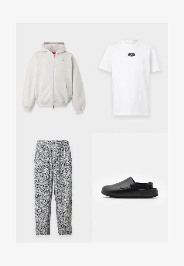Hellgrauer Kapuzenpullover mit Reißverschluss, Fronttaschen, gerippten Bündchen und kleinem Logo auf der linken Brust unter der Kapuze.; Weißes kurzärmeliges T-Shirt mit Rundhalsausschnitt, vorne mittig ein schwarzes Oval mit weißem Nike-Swoosh-Logo auf der Brust.; Weiße Hosen mit elastischem Bund, schwarzem unregelmäßigem Sprenkelmuster und elastischen Bündchen, die vor einem einfarbigen Hintergrund hängen.; Schwarze geformte Clogs mit glatter Textur, einem Hinterriemen für Stabilität und einer geriffelten Sohle für Grip. Mit kleinem Logo an der Seite.