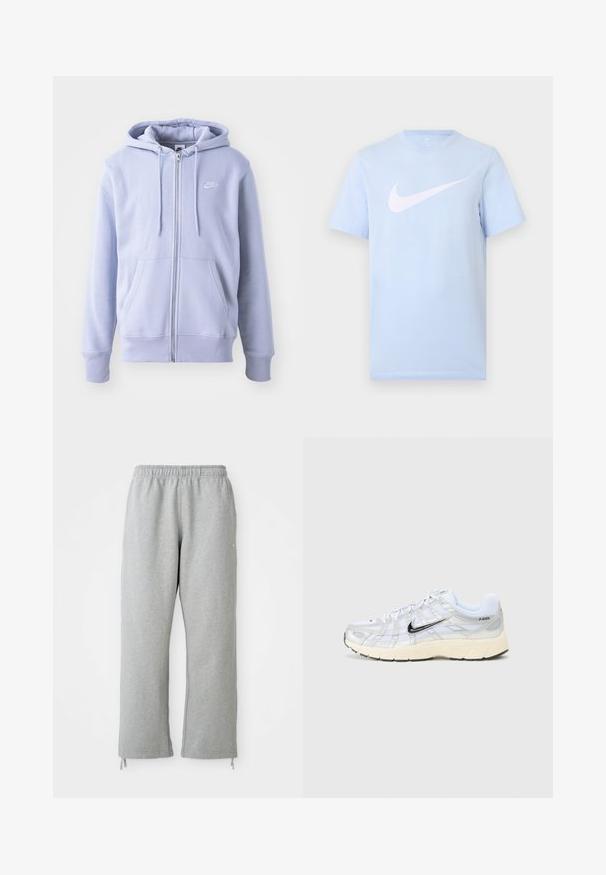 Lysblå zip-hoodie lavet af blødt stof, med en kængurulomme, snørehætte og et lille hvidt logo på brystet.; Lyseblå T-shirt med korte ærmer og en stor hvid Nike swoosh-logo midt på forsiden mod en ensfarvet baggrund.; Grå sweatpants med elastisk talje, lige ben og snoretræk ved kanten. Fremstillet af blødt, struktureret stof.; Hvide mesh sneakers med sølvdetaljer, sort Nike swoosh, polstret krave og tekstureret sål. Har et lagdelt design for stabilitet.