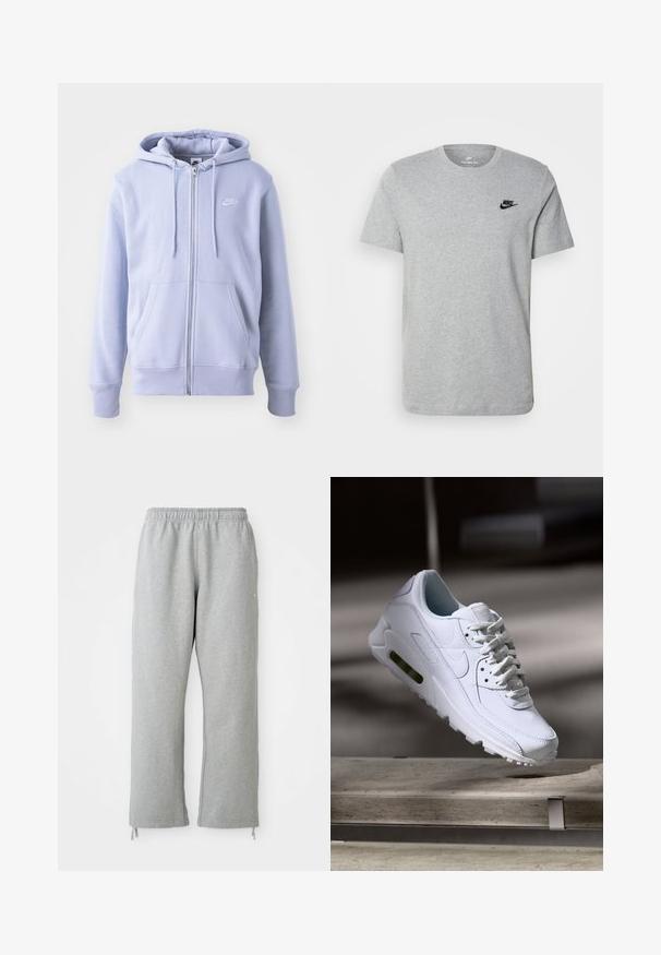Sudadera con cremallera de color azul claro, hecha de una tela suave, que cuenta con un bolsillo canguro, capucha con cordón y un pequeño logo blanco en el pecho.; Camiseta de manga corta gris de algodón, con un logo negro de Nike en el pecho y un cuello redondo. Diseño minimalista sin patrones.; Pantalones de chándal grises con una cintura elástica, piernas rectas y detalles de cordones en el dobladillo. Fabricados en una suave tela texturizada.; Zapatilla blanca de piel con superficies texturizadas, cuello acolchado y amortiguación de aire visible en la suela. Presenta cordones y un diseño minimalista.