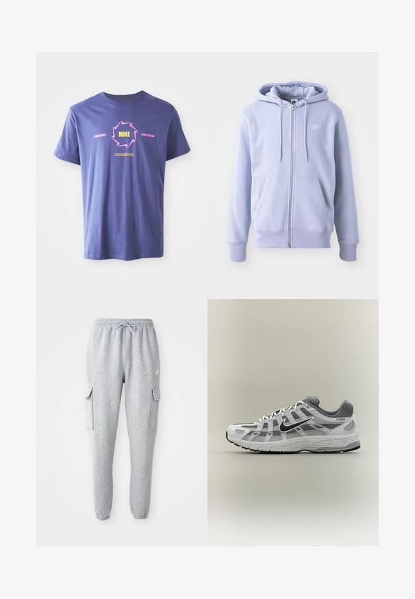 Lysblå zip-hoodie lavet af blødt stof, med en kængurulomme, snørehætte og et lille hvidt logo på brystet.; Lilla bomulds T-shirt med korte ærmer, der har et dristigt grafisk design. Inkluderer "Nike" i gult inden i en lyserød virvel og tekst accenter.; Grå sweatpants lavet af blødt stof, med en elastisk talje med snor, to sidelommer og tapered manchetter.; Hvid og grå Nike P-6000 sneaker med sort swoosh, meshpaneler og tekstureret sål, vist i sideprofil på neutral baggrund.