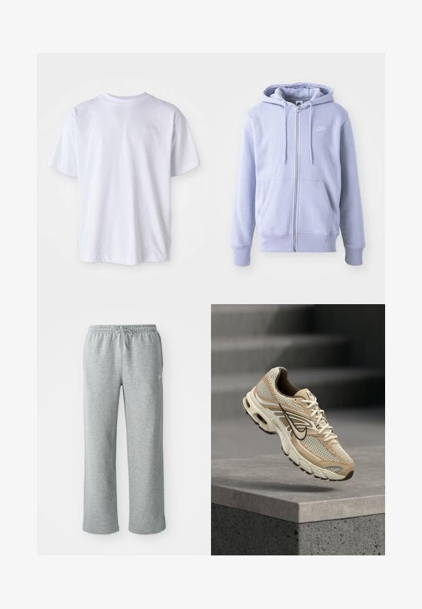 Sudadera con cremallera de color azul claro, hecha de una tela suave, que cuenta con un bolsillo canguro, capucha con cordón y un pequeño logo blanco en el pecho.; Camiseta blanca de algodón con cuello redondo y mangas cortas. Presenta un logo sutil bordado en un color a juego en el lado izquierdo del pecho.; Pantalones de chándal de algodón grises con cinturilla elástica, cierre de cordón y piernas rectas. Presentan un pequeño logo en la parte superior izquierda.; Zapatilla de running Nike beige y blanca con paneles de malla y el swoosh negro, flotando sobre un borde de hormigón con escaleras desenfocadas al fondo.