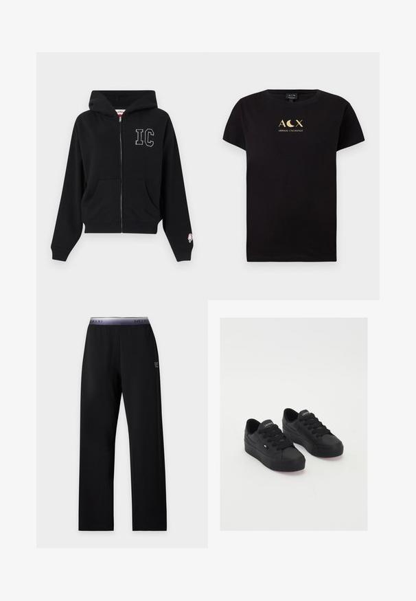 Zwarte hoodie met ritssluiting, voorzakken, witte met stippen versierde 'IC'-letters op de borst en een klein roze ijslollypatch op de manchetrand van de linker mouw.; Zwarte katoenen t-shirt met korte mouwen, voorzien van een goudkleurig logoontwerp met de tekst "ACX" en "ARMANI EXCHANGE".; Zwarte broek met rechte pijpen en een paarse elastische tailleband met merklogo en klein wit EA7 Emporio Armani-logo op de bovenkant van de linker dij.; Zwarte low-top sneakers van glad materiaal, met dikke veters, een gestructureerde zool en een klein logo aan de zijkant en op de tong.