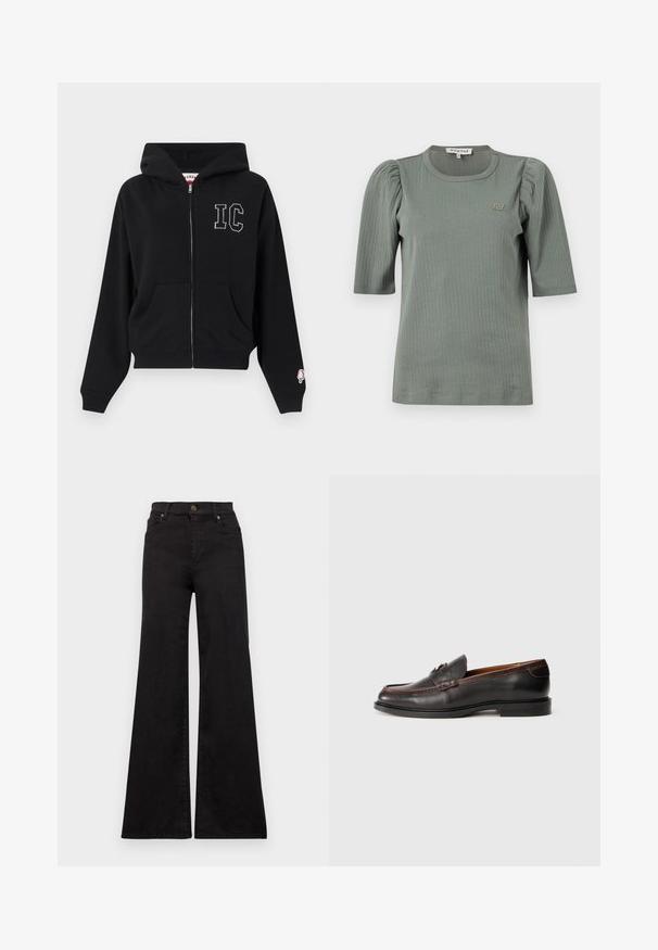Sort lynlåstrøje med lynlås foran og lommer, hvide prikkede "IC"-bogstaver på brystet og lille lyserød ispind-patch på venstre ærmekant.; Grøn ribstrikket t-shirt med korte pufærmer, rund halsudskæring og et diskret logo på brystet. Glat tekstur og tætsiddende design.; Sorte flared jeans lavet af denim med høj talje, med forlommer og metaldele på knappen og nitterne.; Sorte læder loafers med en glat overflade, rund tå og stikninger. Har en lav hæl og minimalistisk design.