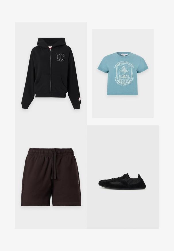 Hoodie noire à fermeture éclair avec poches avant, lettres "IC" blanches en pointillés sur la poitrine, et petit patch en forme de sucette glacée rose sur le bord de la manche gauche.; T-shirt bleu clair à manches courtes avec un croquis blanc d'une fontaine de Paris et le texte « Fountains of Paris Galerie de Montpensier » sur le devant.; Shorts à taille élastique noire avec cordon de serrage, devant plat et poches latérales, présentés sur un fond clair uni.; Baskets légères noires avec accents en daim, cheville élastiquée et semelle fine, présentées en profil latéral sur un fond uni.