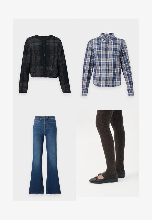 Zwarte en grijze fuzzy cardigan met ronde hals, lange mouwen en vijf knopen aan de voorkant. Zachte textuur met een cropped ontwerp.; Blauw-wit geruite langemouw hemden met een kraag en bruine knopen, plat weergegeven op een witte achtergrond.; Uitgebreide spijkerbroek gemaakt van middelzwaar katoen, met een diepblauwe wassing, contrasterende stiksels en een traditionele vijf-pocketontwerp.; Benen met donkere geribbelde leggings gecombineerd met zwarte ballerina's met kleine strikdetails op een witte achtergrond.