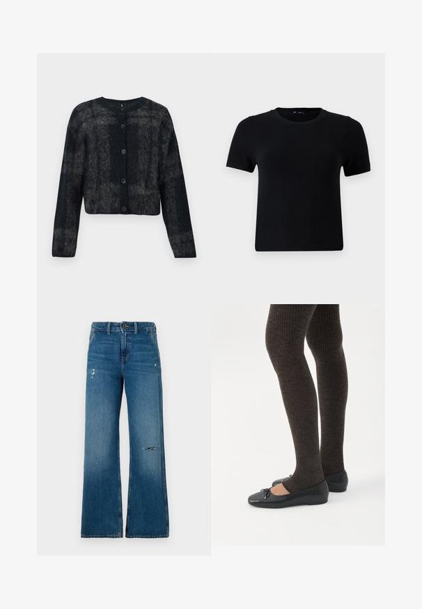 Zwarte en grijze fuzzy cardigan met ronde hals, lange mouwen en vijf knopen aan de voorkant. Zachte textuur met een cropped ontwerp.; Zwart t-shirt met korte mouwen en een ronde hals, gemaakt van zachte stof. Heeft een klassieke pasvorm en een schoon, eenvoudig ontwerp.; Blauwe denim wijde jeans met een vervaagde textuur, voorzien van twee versleten gedeelten aan de voorkant, een knoopsluiting en een vijf-pocket ontwerp.; Benen met donkere geribbelde leggings gecombineerd met zwarte ballerina's met kleine strikdetails op een witte achtergrond.