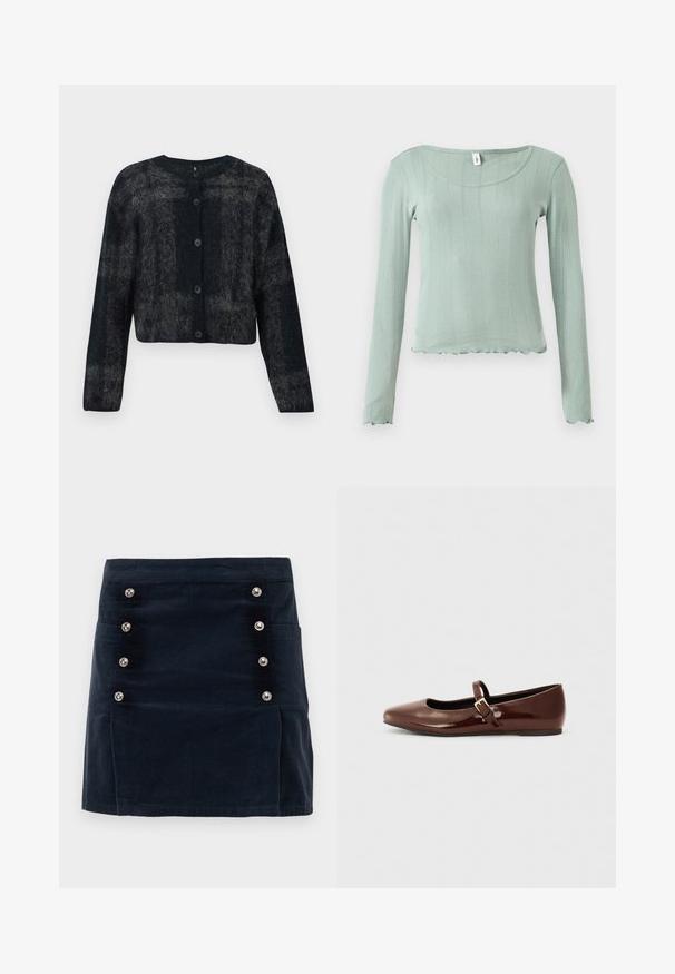 Sort og grå fuzzy cardigan med rund hals, lange ærmer og fem knapper foran. Blød tekstur med en cropped design.; Lysegrøn bluse med lange ærmer, ribbet tekstur, rund halsudskæring og bølget kant. Fremstillet af blødt materiale, der fremhæver en figursyet silhuet.; Marineblå corduroy nederdel med lige pasform, fem metalliske knapper foran og to sidelommer for funktionalitet.; Brun patentlæder balletflade med firkantet tå og strop med en lille guldbuckle. Glat tekstur, lav hæl og minimalistisk design.