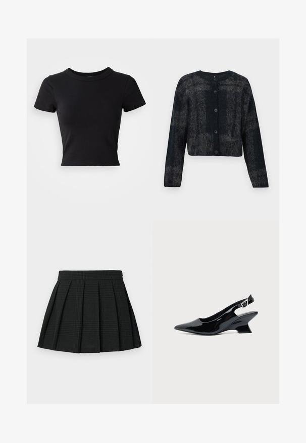 Cárdigan difuso en negro y gris con cuello redondo, mangas largas y cinco botones en la parte delantera. Textura suave con un diseño corto.; Camiseta corta negra hecha de algodón sólido, con mangas cortas y un cuello redondo, de diseño suave y sencillo.; Falda corta de pliegues negra hecha de tela texturizada. Presenta una cinturilla y un sutil patrón de cuadros en toda la prenda. Longitud corta con pliegues en capas.; Zapato slingback de cuero charol negro con puntera puntiaguda y tacón bajo en bloque inclinado sobre fondo claro liso.
