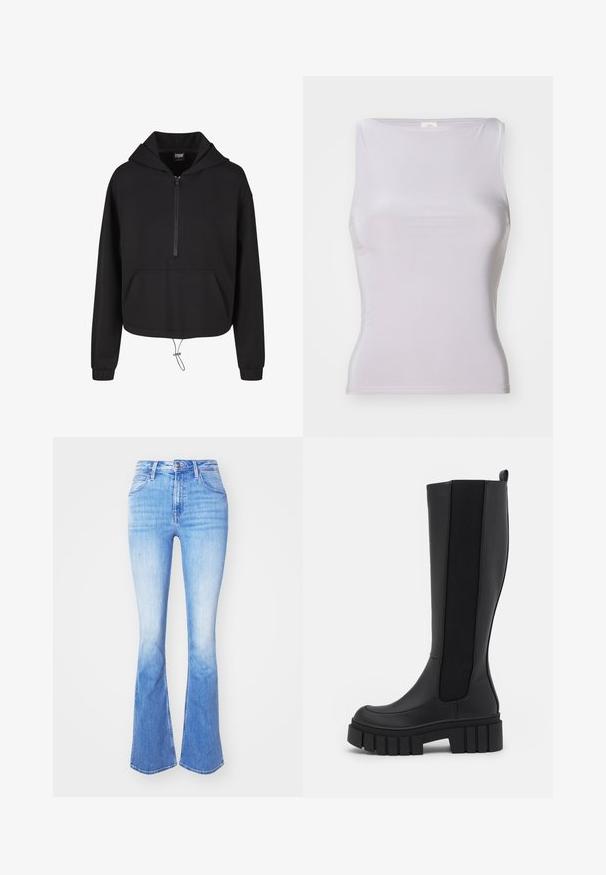 Sort hættetrøje med lynlås foran, cropped design, kængurulomme, snoretræk i kanten og ribbede manchetter. Glat stofstruktur.; BDG Urban Outfitters LIA - Top - grey; Lyseblå jeans med høj talje og vide ben, femlommet stil, knaplukning foran og diskret falming på lår og knæ.; Sorte knæhøje støvler lavet af glat syntetisk materiale med elastiske sidepaneler, en tyk tekstureret sål og design med rund tå.