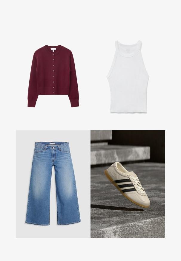 Burgunderfarvet, cropped cardigan lavet af strikket stof. Har en rund hals og seks matchende knapper foran, samt ribbede manchetter og bund.; Hvid ærmeløs ribbet tanktop med høj halsudskæring og tætsiddende silhuet, lagt fladt på en hvid baggrund.; Lysblå vidde jeans lavet af denim, med høj talje, klassisk fem-lomme design og subtile falmning langs benene.; Hvid sneaker med sorte striber og gummisål svæver over betontrapper i blødt dagslys.
