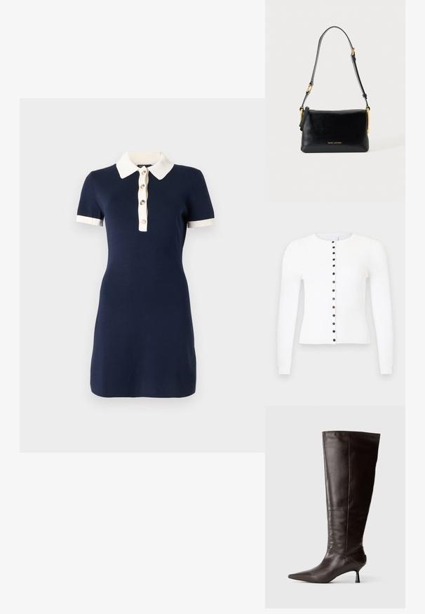 Cardigan blanc côtelé à manches longues, doté d'un col rond et d'une rangée de boutons noirs sur le devant. Texture lisse, coupe ajustée.; Robe bleu marine à manches courtes avec col blanc, poignets blancs et une patte de boutonnage frontale avec quatre boutons.; Botte en cuir marron, hauteur genou, avec un bout pointu et un talon fin. Texture lisse et design élégant, arborant une silhouette minimaliste.; Sac d'épaule en cuir noir avec sangle réglable et quincaillerie dorée, avec petit logo doré "Marc Jacobs" au centre avant.