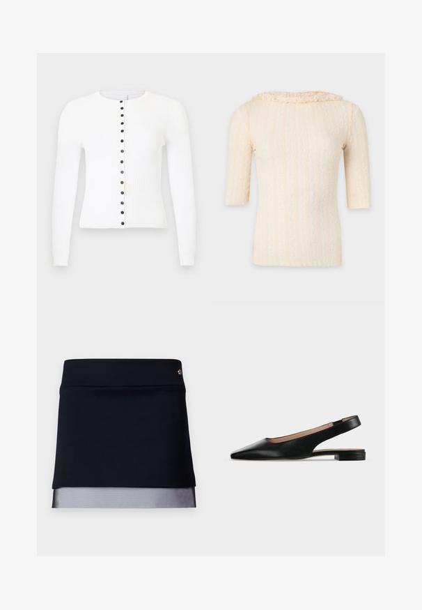 Cardigan blanc côtelé à manches longues, doté d'un col rond et d'une rangée de boutons noirs sur le devant. Texture lisse, coupe ajustée.; Haut en dentelle couleur crème à manches jusqu’aux coudes et encolure subtilement volantée, présenté sur un fond uni clair.; Jupe noire avec une taille ajustée et un détail d'ourlet en maille transparente. Le tissu est lisse avec une conception structurée, présentant un petit accent en métal.; Chaussure plate en cuir noir avec bride arrière, bout pointu et petit talon carré sur fond blanc.