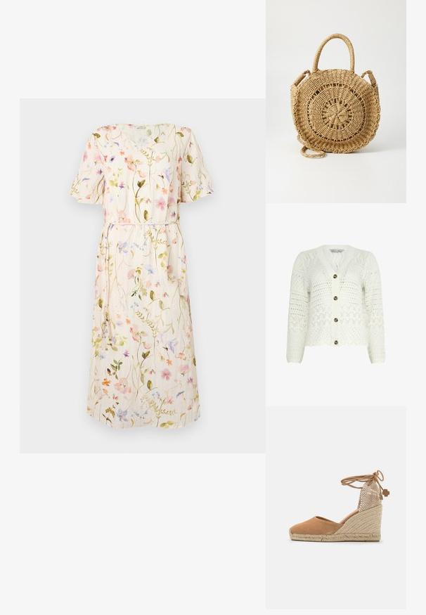 Hvid strikket cardigan med teksturerede chevron- og prikmønstre, fire brune knapper samt bølget kant og manchetter.; Blomstret kjole med korte ærmer, lys beige stof med flerfarvede blomster mønstre, taljebind, knælangt design.; Tan ruskinds kilehæle sandal med en jute reb sål, åben tå design og flettet mesh ryg med snørelukning og dekorativ accent.; ONLY ONLPENELOPE BEACH ROUND CROSSOBODY - Skuldertasker - toasted coconut
