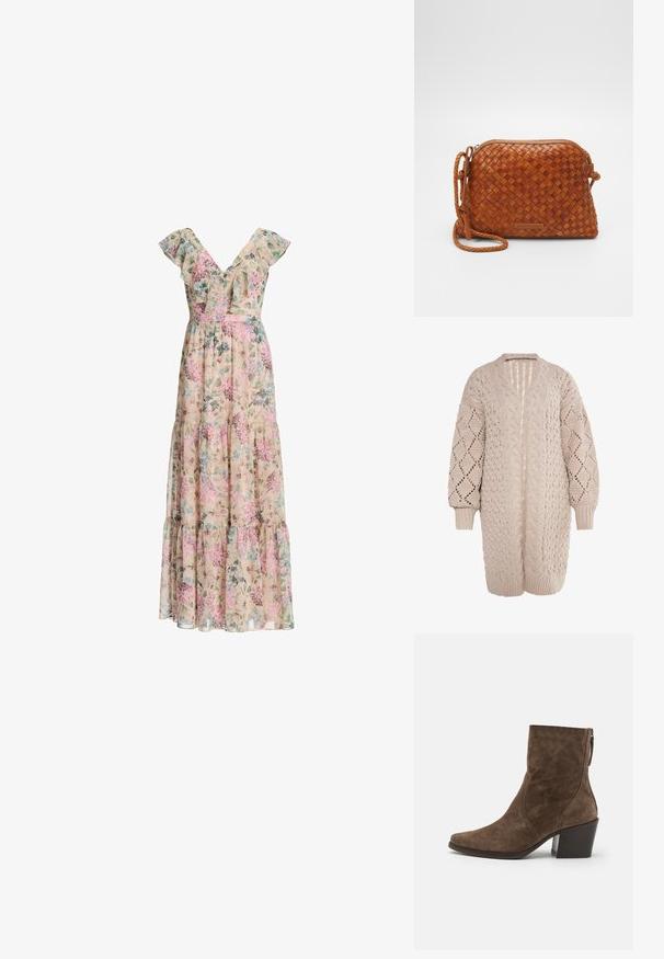 Beige oversized kabelstrik cardigan med dyb V-udskæring, lange ærmer og teksturerede diamantmønstre. Åben frontdesign.; Ærmeløs lang blomsterkjole med flæset V-halsudskæring og lagdelt nederdel i pastelrosa, blå og grøn på lysebeige baggrund.; Brune ruskind ankelstøvler med spids tå, sidelukning og kraftig hæl. Har en glat overflade og minimale syninger.; Brun vævet læder crossover taske med lynlåslukning, rund form og en flettet skulderrem. Har en lille, rektangulær logoplade.