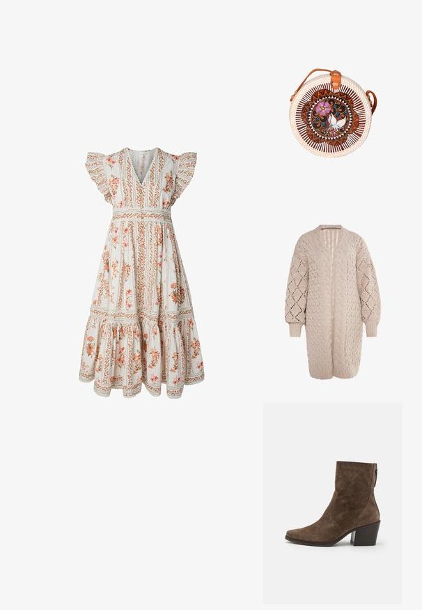 Cardigan beige oversize en tricot à torsades avec un décolleté en V profond, des manches longues et des motifs en losange texturés. Design à front ouvert.; Robe midi blanche imprimée fleurie orange, manches courtes à volants, col en V, taille cintrée et jupe à volants avec bordure en dentelle.; Bottes à chevilles en suede marron avec un bout pointu, une fermeture éclair sur le côté et un talon épais. Présente une texture lisse et des détails de couture minimalistes.; Sac rond tissé avec bandoulière en cuir et fermoir, arborant un motif coloré de fleurs et de papillons au centre.
