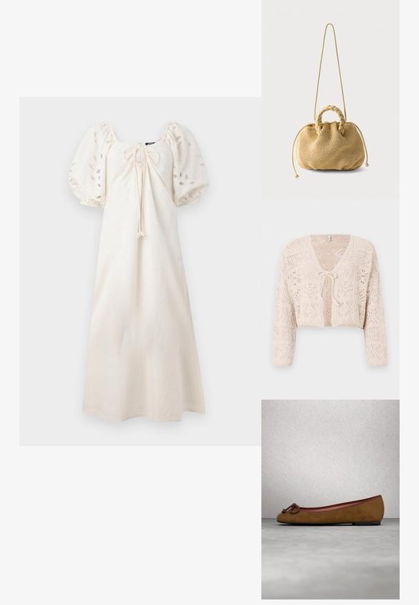 Hæklet beige cardigan med åben front, lange ærmer og båndlukning. Har geometriske mønstre og en cropped design.; Kremfarvet midi-kjole lavet af blødt stof, med puffede ærmer med udskæringsmønstre og en nøglehulstræk detalje foran.; Brune ruskinds ballerina med afrundet tå, med en knyttet detalje på fronten, tynd rød kant og en flad sort sål.; Beige vævet håndtaske med flettede øverste håndtag, snørresider og en lang tynd skulderrem på en ensfarvet hvid baggrund.