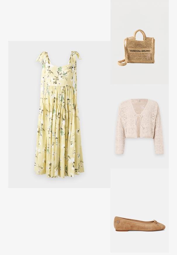 Gehaakt beige cardigan met open voorkant, lange mouwen en een striksluiting. Bevat geometrische patronen en een cropped ontwerp.; Geel midi-jurk met een wit en groen bloemenprint, gelaagde rok en strikbandjes op een effen achtergrond.; Beige suède balletschoen met een lichtpuntige neus, een strikaccent aan de voorkant en een klein metallic logo op de hak. Platte zool.; Beige handtas van geweven materiaal met twee handvatten, lange riem, opengeweven ontwerp en "VANESSA BRUNO" in zwarte letters geborduurd aan de voorkant.