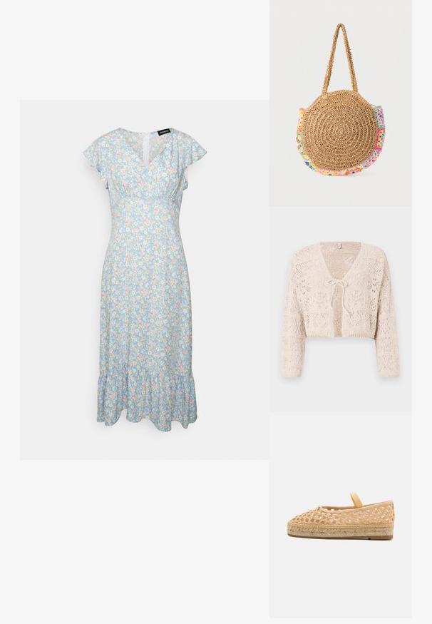 Hæklet beige cardigan med åben front, lange ærmer og båndlukning. Har geometriske mønstre og en cropped design.; Even&Odd by Zalando Hverdagskjole - light blue/pink; Loeffler Randall KAYLA - Espadrilles - natural; Rund flettet stråhåndtaske med kort rem og flerfarvede hæklet detaljer rundt kanterne.