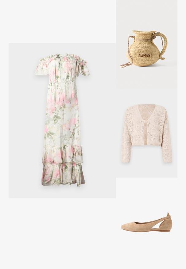 Gilet en crochet beige avec devant ouvert, manches longues et fermeture par lien. Présente des motifs géométriques et un design court.; Robe maxi florale avec volants dénudés sur les épaules. Fabriquée en tissu léger, elle présente des fleurs roses et vertes, une taille à cordon de serrage et un ourlet en étages.; Ballerines en daim beige avec un bout pointu, un design à côtés découpés et un petit talon. Texture lisse et style minimaliste.; Sac à main rond en paille tissée avec une anse en corde et "ALEMAIS" brodé sur le côté en fil marron.