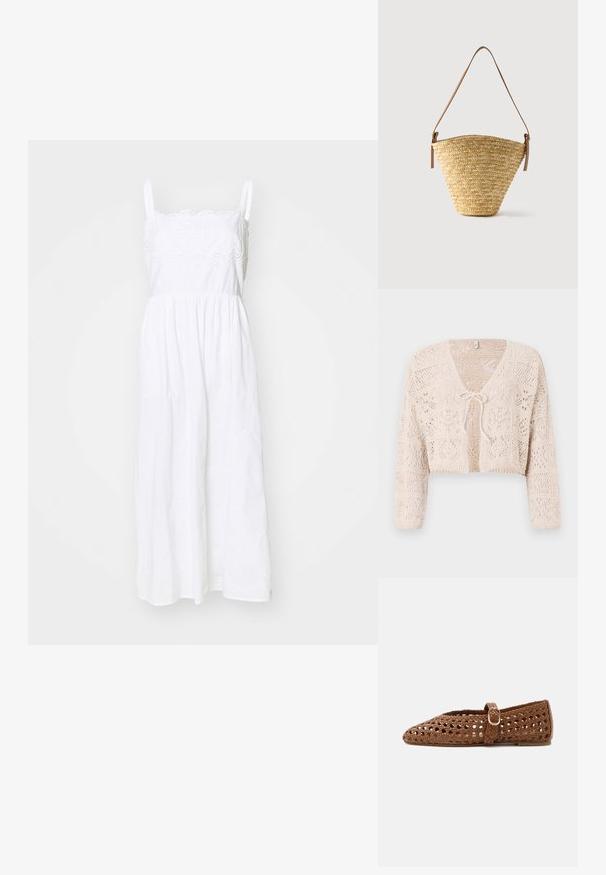 Gilet en crochet beige avec devant ouvert, manches longues et fermeture par lien. Présente des motifs géométriques et un design court.; Robe en coton blanc avec des bretelles spaghetti ajustables, ornée de détails en dentelle à l'encolure, et une jupe fluide et froncée.; Chaussure plate marron tissée avec sangle ajustable et boucle dorée, featuring un bout fermé et un design en treillis respirant.; Sac seau en paille tissée avec une base large, un sommet étroit et une bandoulière en cuir marron ajustable.