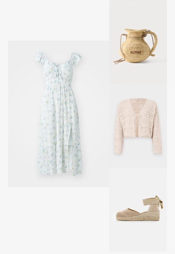 Hæklet beige cardigan med åben front, lange ærmer og båndlukning. Har geometriske mønstre og en cropped design.; Lyseblå blomster-maksikjole med korte flæser på ærmerne, smocket bodice og sideslids. Har små grønne og gule blomstermønstre.; Beige espadrille med en overdækning af lærred, tekstureret vævet hæl og flettet jutesål; har en bundet ankelrem for en sikker pasform.; Rund flettet stråtaske med håndtag af reb og "ALEMAIS" broderet på siden med brunt garn.