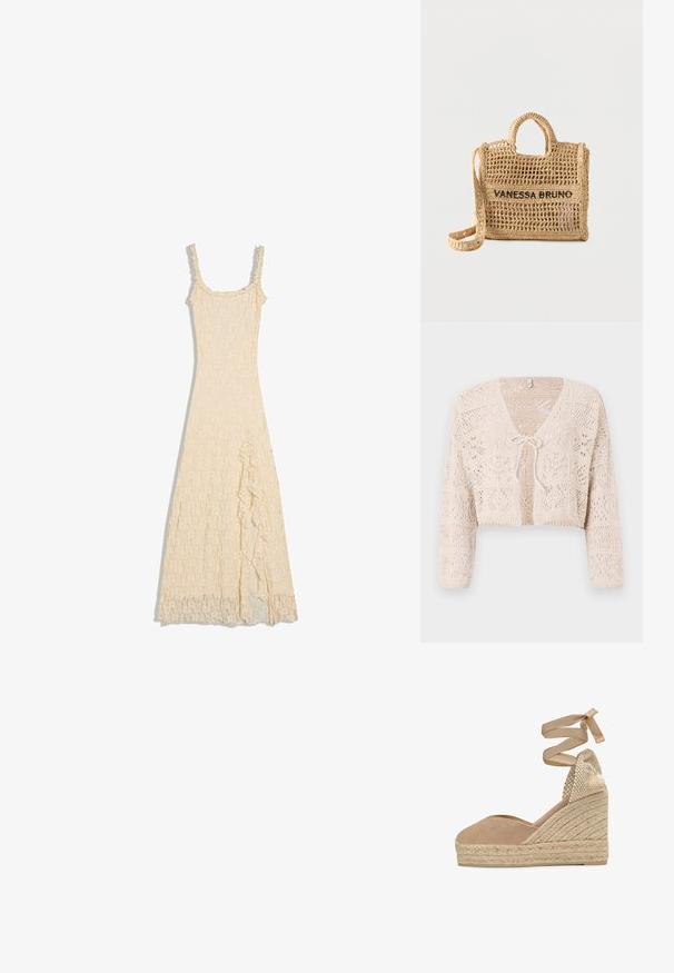 Gilet en crochet beige avec devant ouvert, manches longues et fermeture par lien. Présente des motifs géométriques et un design court.; Robe maxi en dentelle couleur crème avec fines bretelles, corsage ajusté et fente froncée sur le côté gauche.; Espadrille compensée en toile beige avec plateforme en jute tressée et liens à nouer autour de la cheville, avec contrefort de talon tissé.; Sac à main beige tissé avec deux poignées, une longue bandoulière, un design en tissage ouvert, et "VANESSA BRUNO" brodé en noir à l'avant.
