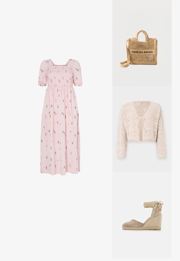 Hæklet beige cardigan med åben front, lange ærmer og båndlukning. Har geometriske mønstre og en cropped design.; Lyserød bomulds maxi-kjole med korte puffærmer, smocked liv, blomsterbroderimønster og en flydende nederdel.; Beige espadrille kile med en tekstureret stofoverdel, vævet jutehæl og et bånd, der ties om anklen for en sikker pasform.; Vævet beige håndtaske med to håndtag, lang rem, åben vævning og "VANESSA BRUNO" broderet i sort på forsiden.