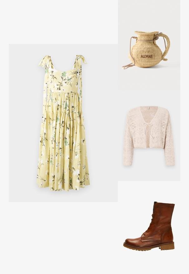 Beige gehäkelte Strickjacke mit offener Vorderseite, langen Ärmeln und einer Bindeschließe. Besitzt geometrische Muster und ein kurzes Design.; Gelbes Midikleid mit weißem und grünem Blumenmuster, gestuftem Rock und gebundenen Schulterträgern auf einem schlichten Hintergrund.; Braune Leder-Stiefelette mit glatter Oberfläche, runder Zehenpartie, Schnürverschluss und strukturiertem Schaft. Verfügt über eine robuste Sohle für besseren Halt.; Runde, geflochtene Strohtasche mit Kordelgriff und dem Schriftzug "ALEMAIS" auf der Seite, in braunem Garn gestickt.