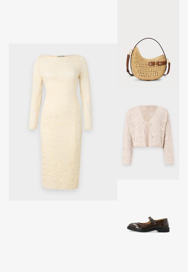 Hæklet beige cardigan med åben front, lange ærmer og båndlukning. Har geometriske mønstre og en cropped design.; Creme farvet blondekjole med lange ærmer, rund halsudskæring og tætsiddende silhuet. Har blomstermønster og knælangt fald.; Mørkebrune skind Mary Jane-sko i lak med rund tå, sølv spænde og lav sort hæl, vist på hvid baggrund.; Vævet halmmulesæk med en buet form, brunt læderstrop med spænde og en naturlig tan farve. Tekstureret overflade med synlige sting.