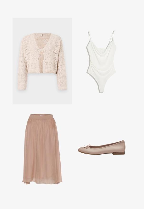 Beige gehäkelte Strickjacke mit offener Vorderseite, langen Ärmeln und einer Bindeschließe. Besitzt geometrische Muster und ein kurzes Design.; Weißer ärmelloser Body mit dünnen doppelten Schulterträgern und einem drapierten Kropfausschnitt, für eine enge Passform entworfen.; Hellrosa, fließender Rock aus weichem Stoff mit einem elastischen Bund. Besitzt einen geraden Schnitt und einen etwas längeren hinteren Saum.; Helle rosa Leder-Balletschuhe mit einer abgerundeten Spitze, kleinem braunen Absatz und einer dekorativen Schleife an der Vorderseite. Glatte Textur und schlichtes Design.