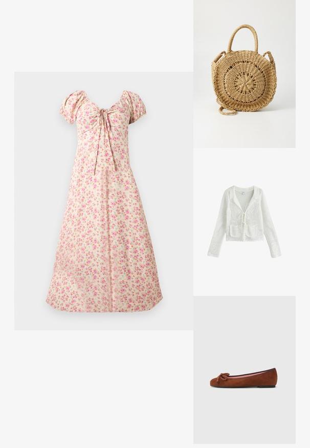 Hvid hæklestrikket cardigan med lange ærmer, forlommer med lapper, bindelukning og blomstermønster detaljer.; Creme midi-kjole med puffede ærmer, pink blomsterprint, rynket balkonette og bindedetalje foran i midten.; Brune ruskind balletflats med rund tå, forsynet med en dekorativ knude foran og en kontrasterende pink indersål. Flad sål.; ONLY ONLPENELOPE BEACH ROUND CROSSOBODY - Skuldertasker - toasted coconut