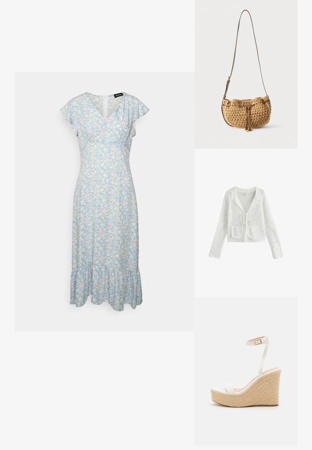 Biely háčkovaný pletený sveter s dlhými rukávmi, prednými nášivkami vreckami, zapínaním na zaväzovanie a kvetinovými detailmi.; Even&Odd by Zalando Denné šaty - light blue/pink; Biele wedge sandále s textúrovanou rope platformou, s tenkým pásikom okolo členka a hladkým, uzavretým dizajnom špičky.; Malá béžová pletená kabelka na rameno s nastaviteľným hnedým koženým remienkom a prednou koženou šnúrkou, visiaca na bielom pozadí.