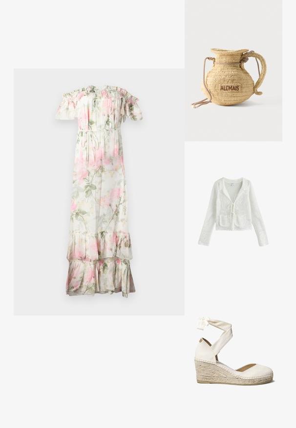 Witte gehaakte gebreide cardigan met lange mouwen, opgestikte voorzakken, striksluiting en bloemenpatroondetails.; Floral maxi-jurk met off-shoulder ruches. Gemaakt van lichte stof, met roze en groene bloemen, een trekkoord in de taille en een gelaagd zoom.; Witte canvas wedge schoen met enkelbandje, jute-wrapped hak, ronde neus en een gebreide stoffen bovenkant. De wedge heeft een hoogte van ongeveer 7 cm.; Ronde gevlochten strohandtas met een handvat van touw en "ALEMAIS" geborduurd aan de zijkant in bruine draad.