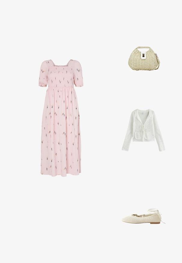 Cárdigan de punto de ganchillo blanco con mangas largas, bolsillos delanteros de parche, cierre con lazo y detalles de patrón floral.; Vestido maxi de algodón rosa con mangas cortas abullonadas, corsé fruncido, patrón de bordado floral y una falda fluida.; Bailarina de ganchillo color crema con punta afilada y lazos que envuelven el tobillo, con suela baja y plana.; Bolso de mano de paja tejida con forma curva, cierre de cuero blanco, asa pequeña y correa de hombro desmontable con cierre dorado.