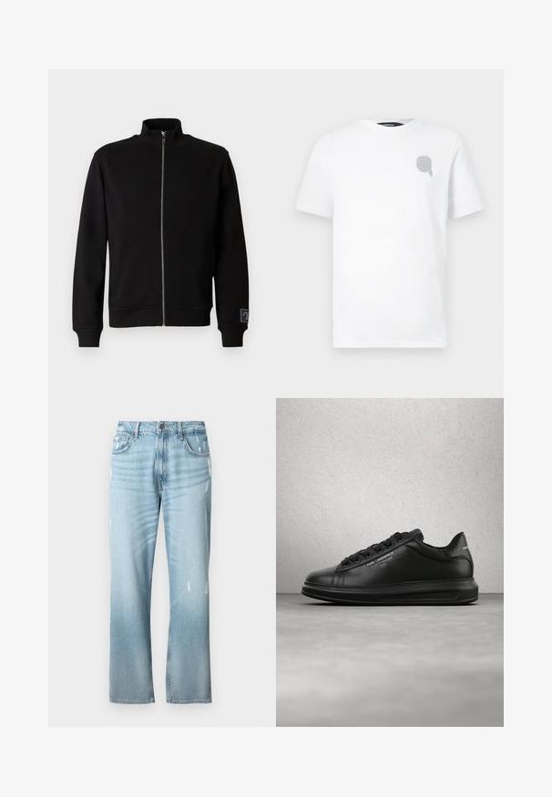Zwarte zip-up sweatshirt met hoge kraag, geribbelde manchetten en een zijlabel. Gemaakt van een zachte, soepele stof met een effen kleur ontwerp.; Witte T-shirt van katoen met een ronde hals, voorzien van een klein grijs geborduurd logo op de linkerborst. Normale pasvorm met korte mouwen.; Lichtblauwe denim jeans met een iets losse rechte pasvorm, voorzien van versleten accenten, een klassieke vijf-pocketontwerp en een knoopsluiting.; Persoon die zwarte Karl Lagerfeld sneakers draagt met een zwarte broek, staand op een houten parketvloer tegen een witte gepaneelde muur.