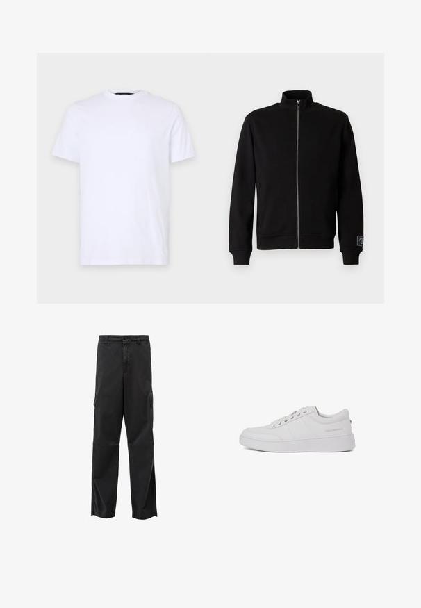 Schwarze Reißverschlussjacke mit hohem Kragen, gerippten Bündchen und einem seitlichen Etikett. Hergestellt aus einem weichen, glatten Material mit einem einfarbigen Design.; Weißes Baumwoll-T-Shirt mit kurzen Ärmeln, rundem Halsausschnitt, mit einem dezenten eingeprägten Logo auf der linken Brust, glatte Textur.; Schwarze Cargo-Hosen mit geradem Schnitt, Knopfverschluss und Seitentaschen. Glatter Stoff mit mattem Finish und ohne sichtbare Muster.; Weiße Leder-Sneaker mit klassischem Low-Top-Design, flacher Sohle und dezentem Markenlogo an der Ferse. Verfügt über fünf Metallösen für die Schnürsenkel.